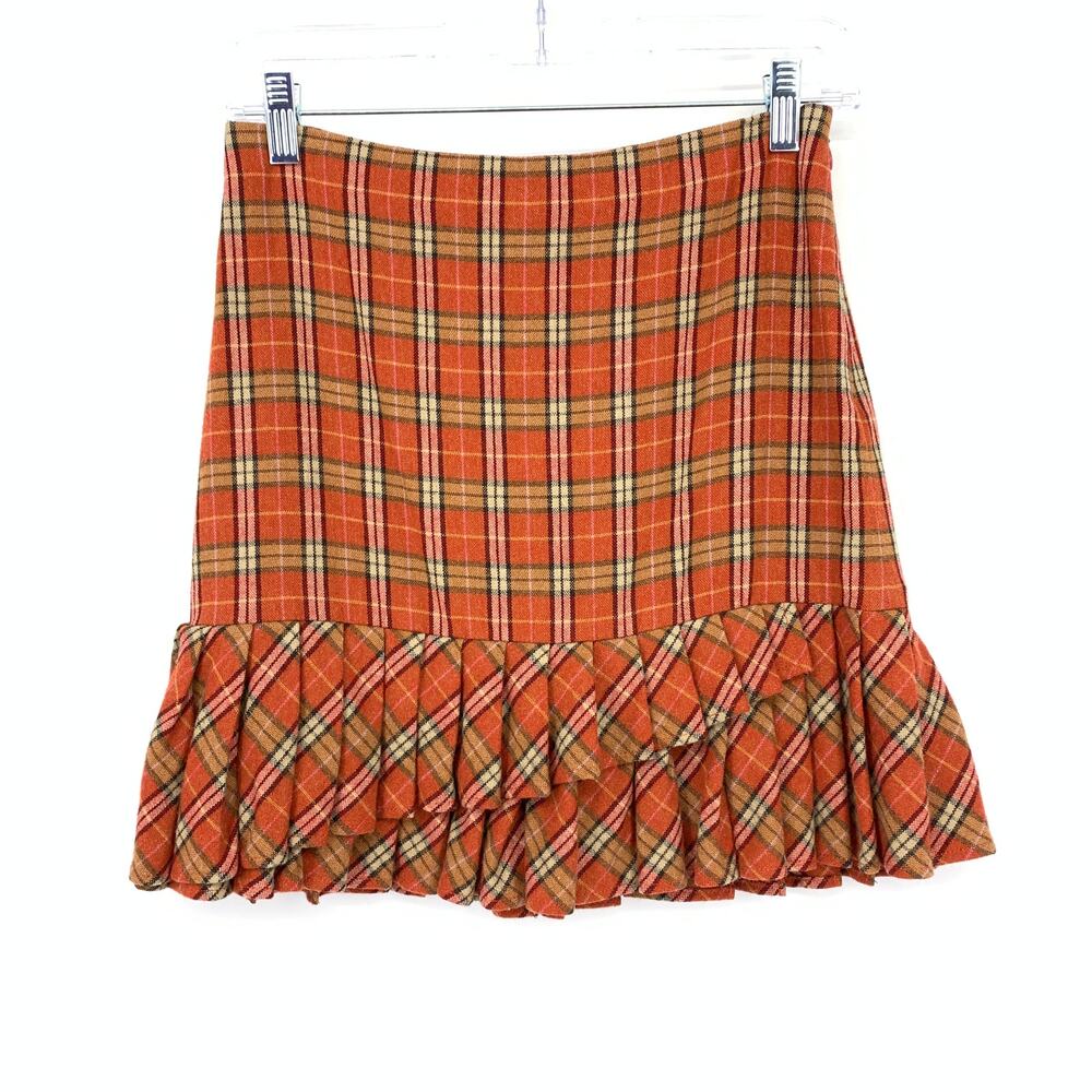 VTG 90s LOFT Mini Skirt Womens Size 25" US 0P Orange Plaid Wool Blend Ruffle Hem